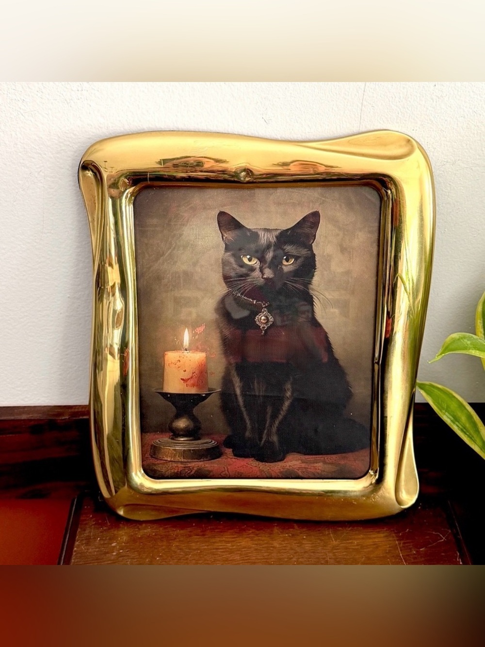 Black Cat Victorian Style Candle Spooky Creepy Portrait Vintage Brass Framed Art
